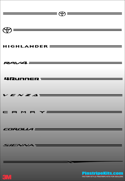 Toyota Camry RAV4 4Runner Tacoma Tundra Corolla Venza Sienna Highlander auto,car,vehicle,vinyl,sticker,stickers,pinstripe,pinstripes,stripes,logos,small,decal,decals,emblem,emblems,graphic,graphics
